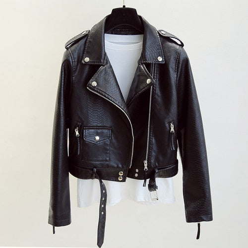 Spring Autumn Women Faux Leather Jacket Slim Streetwear Khaki