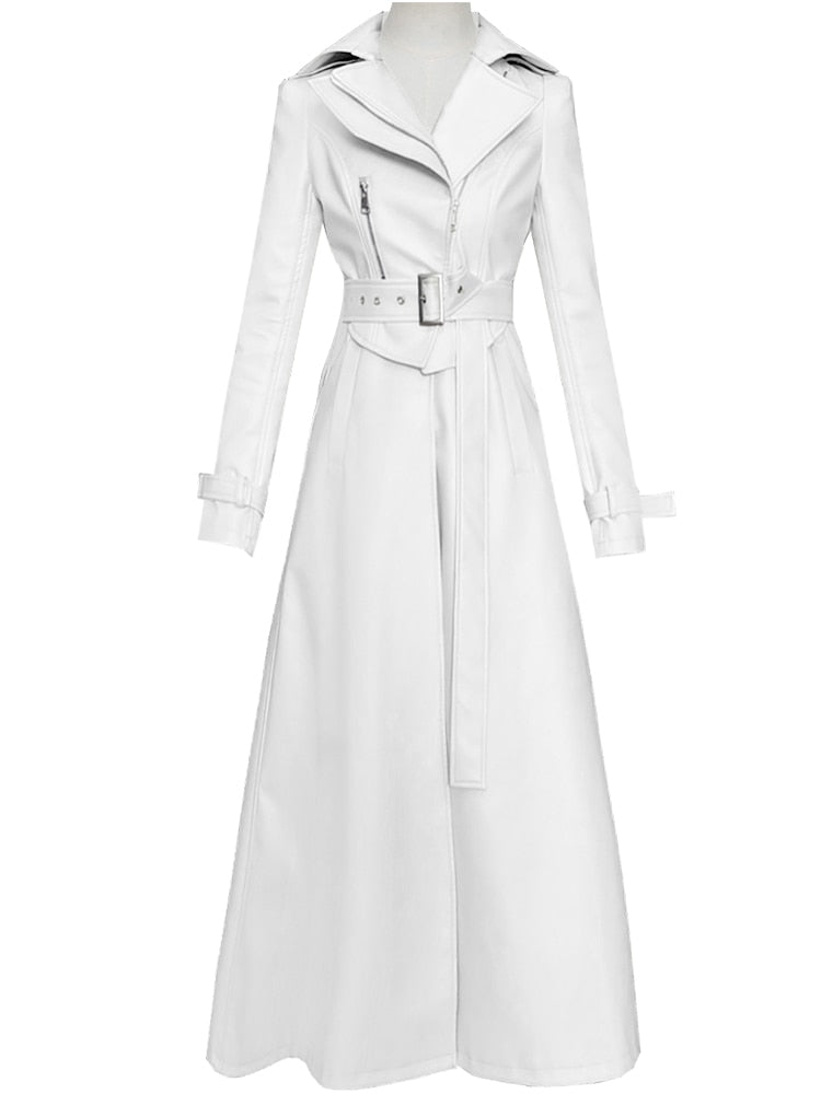 Spring Runway White Long Leather Trench Coat for Women