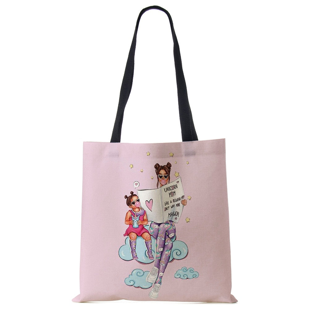 Cute Cartoon Super Mama Print Linen Tote Bag Reusable Shoulder Bags Mom