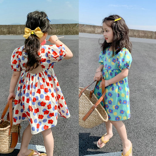 Summer Girls Dress Small Fresh Flower Dress Halter Temperament Short-Sleeved