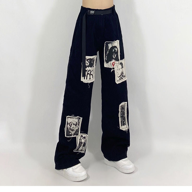 HOUZHOU Grunge Punk Patchwork Black Jeans Women Hip Hop Streetwear Print Oversize Wide Leg Trousers 90s Vintage Fashion Pants