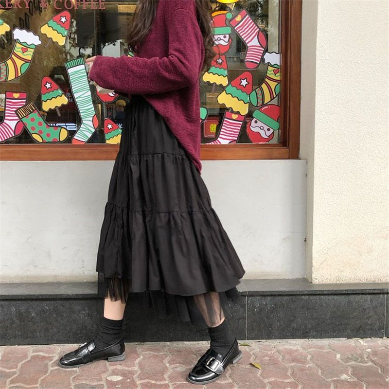 Long Tulle Midi Skirts Womens Autumn Elastic High Waist Mesh Tutu Pleated Skirts