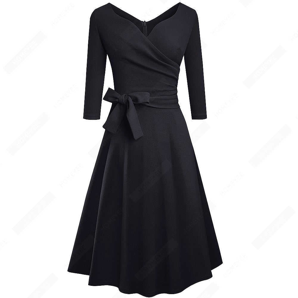 Women Classic Vintage Sexy V Neck Bow Party Casual Elegant Charming A Line Dress