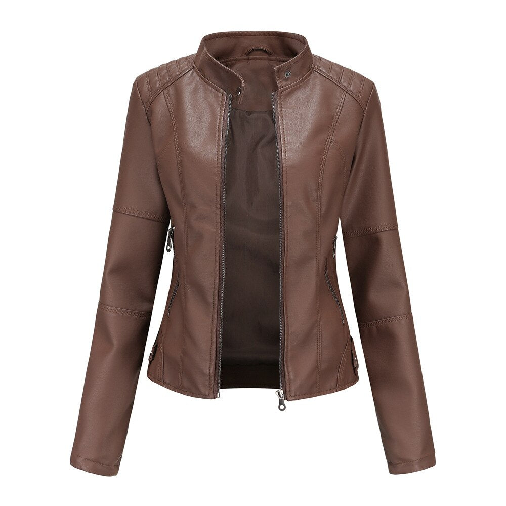 Women Leather Jacket Spring Autumn Black PU Leather Coat Stand-up
