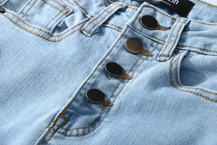 Vintage Skinny Four Buttons High Waist Pencil Jeans Women Slim Fit Stretch Denim