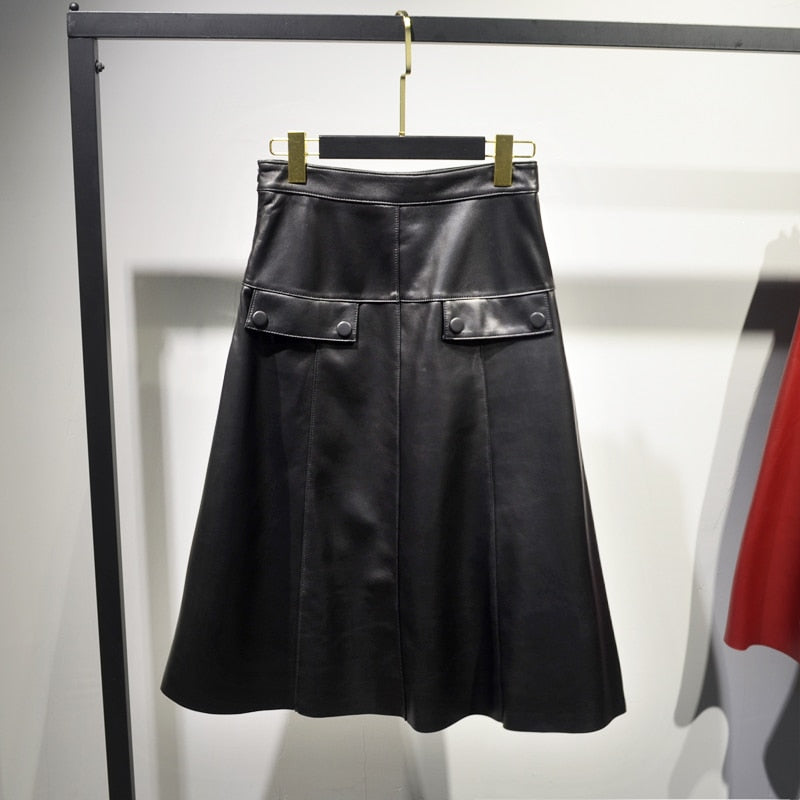 Woman Genuine Leather Skirts Female Elegant High Waist A Line Saia Mujer Over
