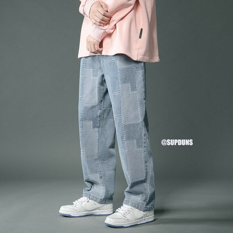 Men Jeans Vintage Geometric Patchwork Hip Hop Denim Pants