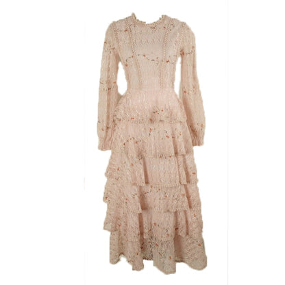 Vintage Spring Women Lace Embroidery Sweet Ruffles Layered Midi Long Dress