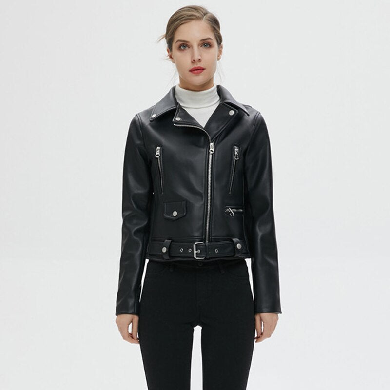 Women Autumn Winter Black Faux Leather Jackets Zipper Basic Coat