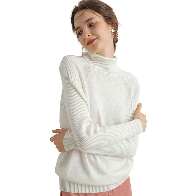Women Turtleneck Merino Wool Cashmere Sweater Long Sleeves Autumn Winter Sweater