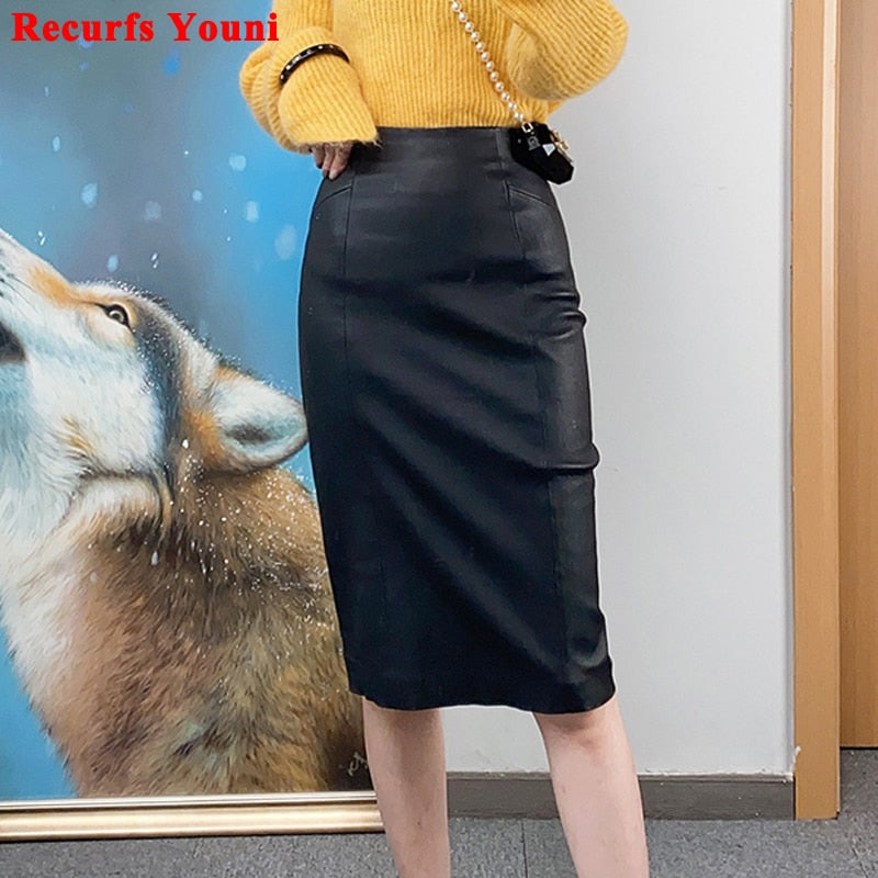 TOP Grade Women Tight Skirts Ladies Stretch 100% Leather Jupe Femme Back Split