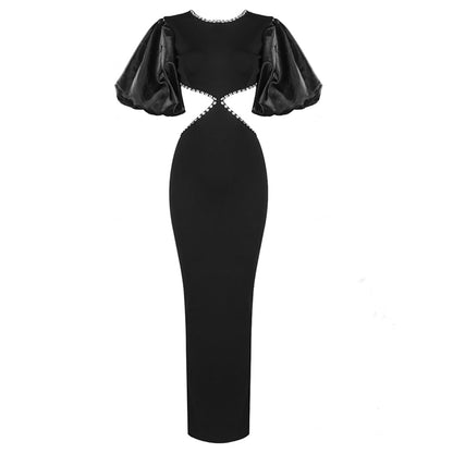 Women High Quality Black Short Sleeve Floor-length Backless Round Neck