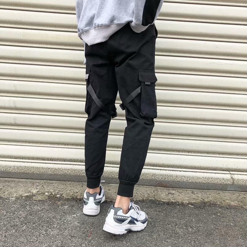 Ribbons Harem Joggers Men Cargo Pants Streetwear Hip Hop Casual Pockets