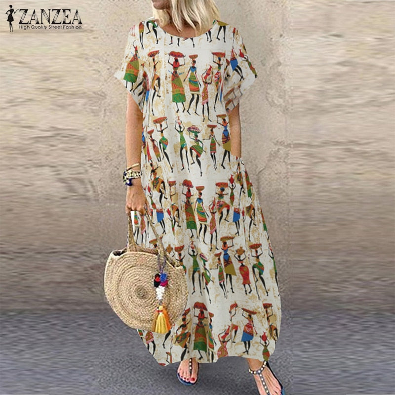 Women Summer Sundress ZANZEA Stylish Cartoon Print Maxi Dress Casual