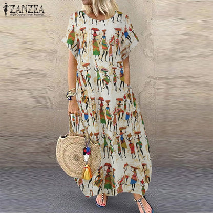 Women Summer Sundress ZANZEA Stylish Cartoon Print Maxi Dress Casual