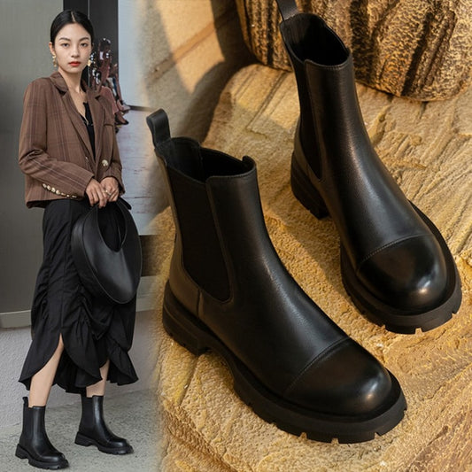 Shoes Women Leather Ankle Boots Women Round Toe Thick Heel