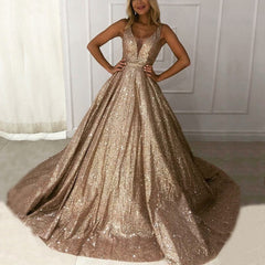 Champagne A-Line Prom Dresses V-Neck Wine Red Shiny Sequined