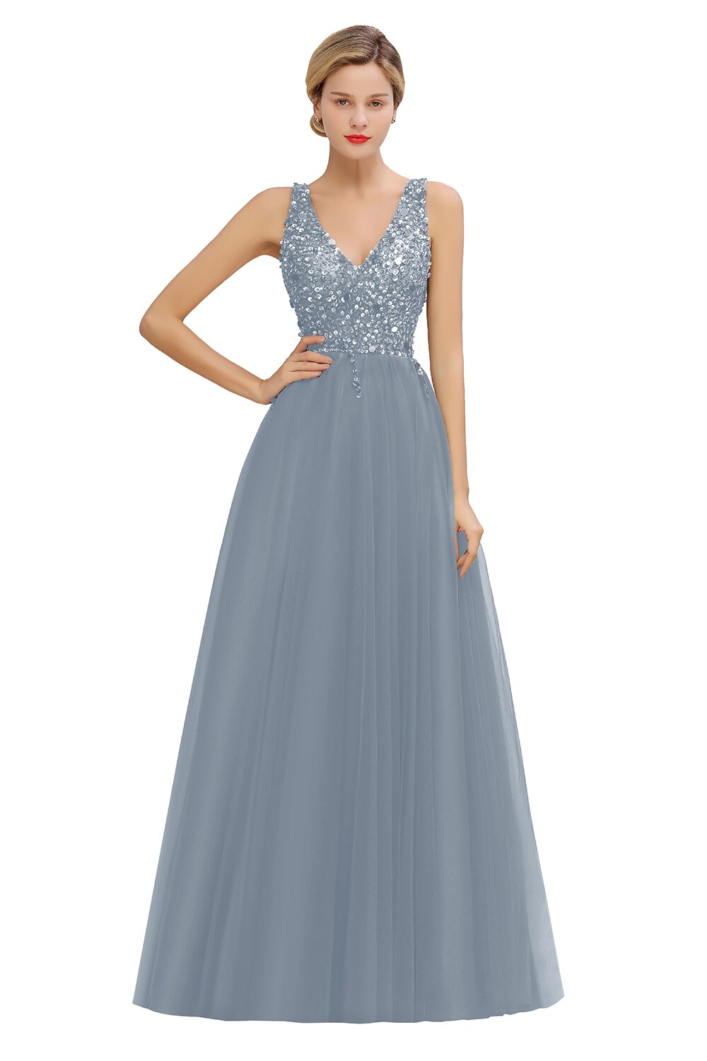 Homecoming Dresses: V-neck Prom Dresses Long Backless Sequins Prom