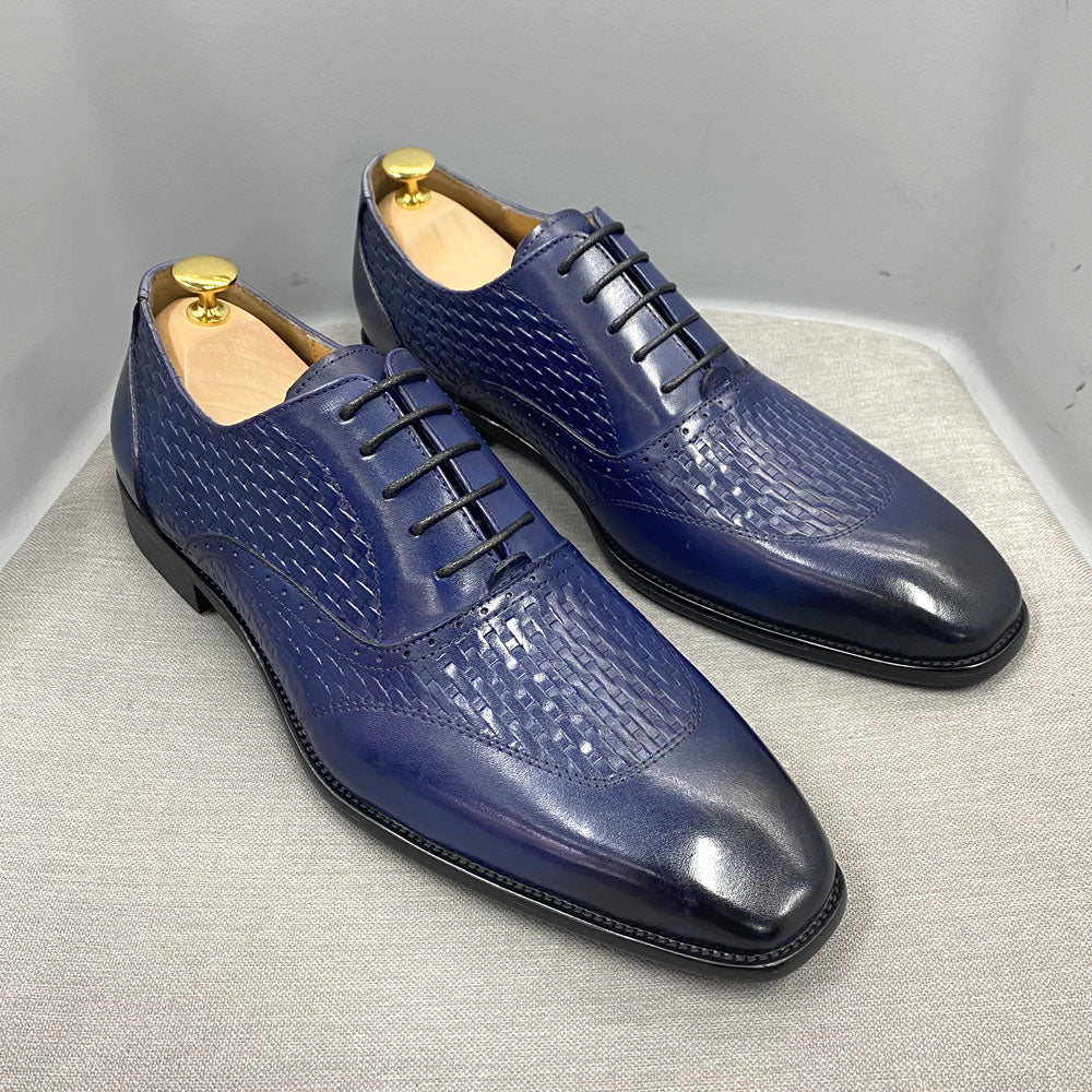 Luxury Italian Mens Oxford Shoes Genuine Cow Leather Blue Black Wedding