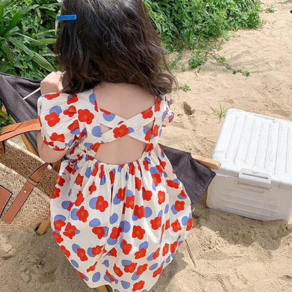 Summer Girls Dress Small Fresh Flower Dress Halter Temperament Short-Sleeved