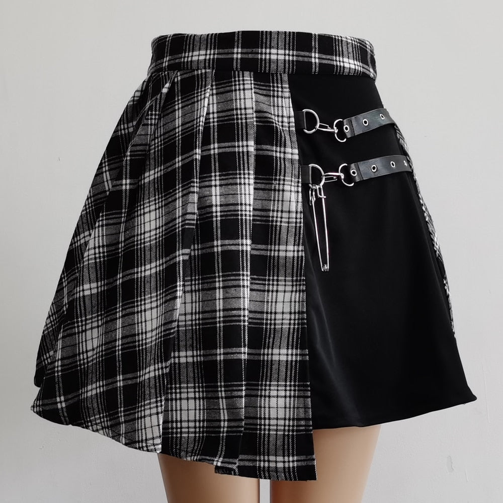Womens Harajuku Punk Irregular Mini Pleated Skater Skirt Asymmetric Cutout High