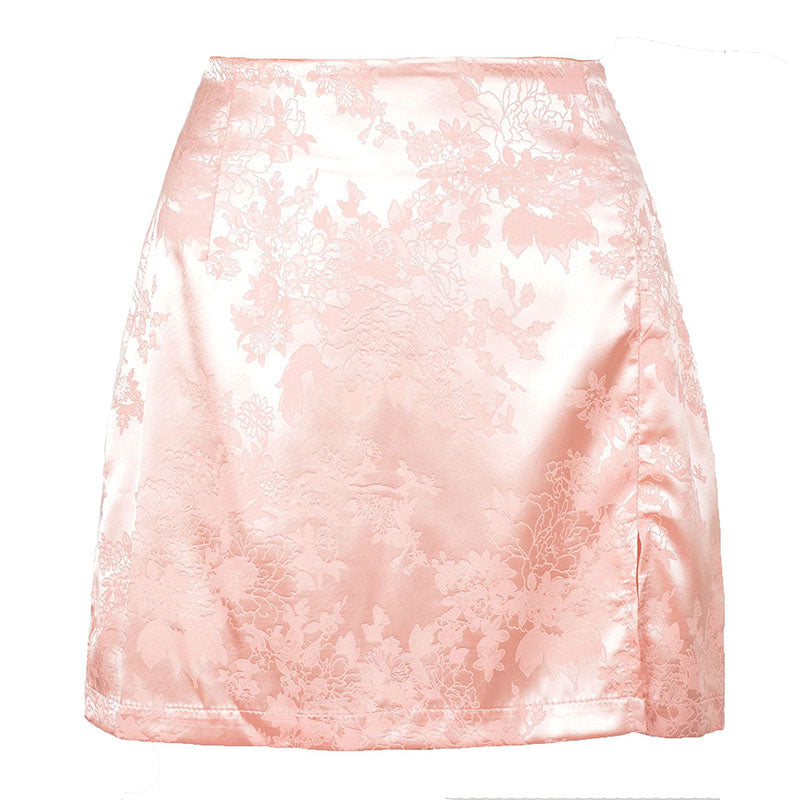 Women Summer Elegant Jacquard Satin Skirt High Waist Mini Skirt Vintage
