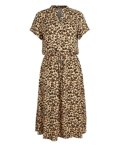 Ladies Bohemian Leopard Print Shirt Dress Women Casual Midi Holiday Summer