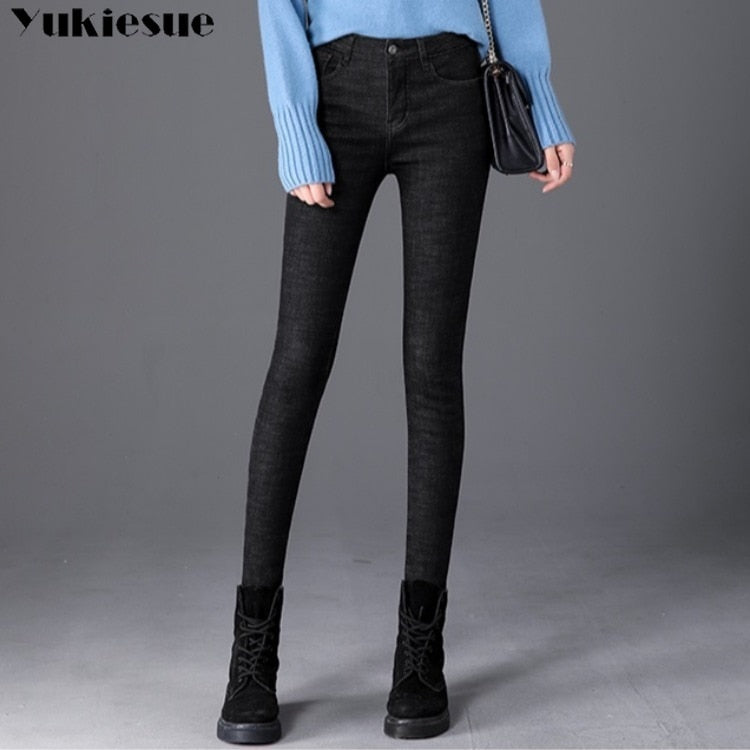 Thick Winter Warm Skinny Jeans for Women Female High Waist Velvet