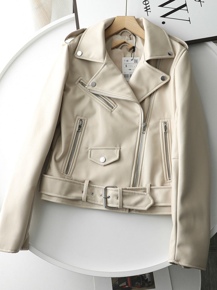 Spring Autumn Women Zippers V-neck Faux Leather Jacket