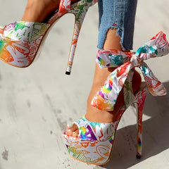 Sexy Shoes Print Super Thin High Heels Shoes Sandals Women Summer Party