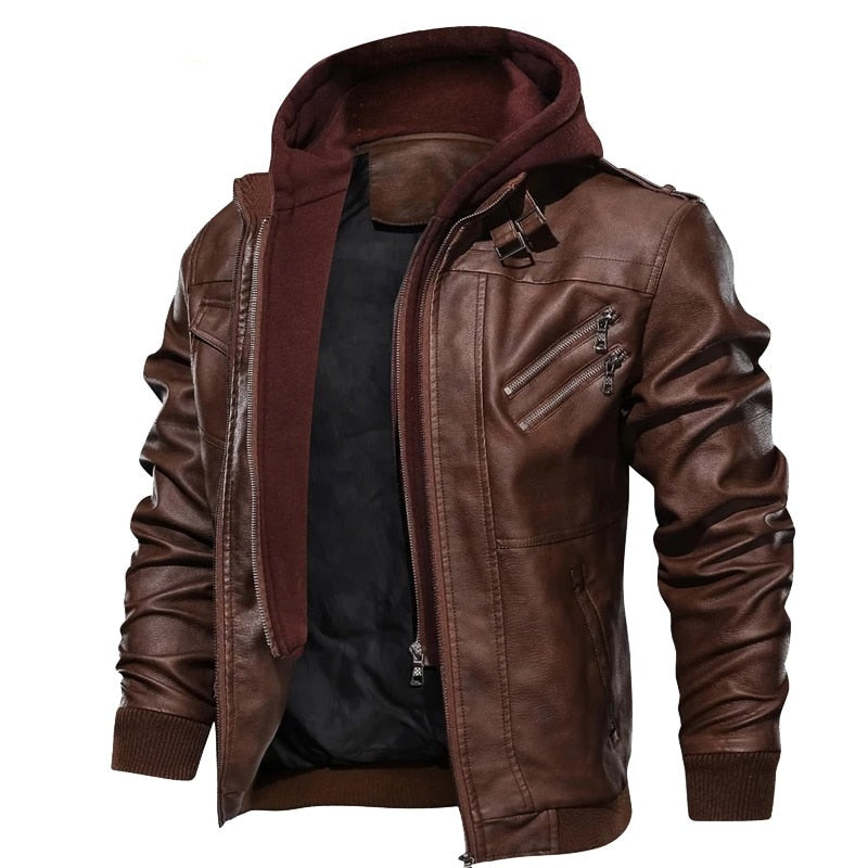 Men's Autumn Winter Motorcycle Leather Jacket Windbreaker Hooded  Jackets