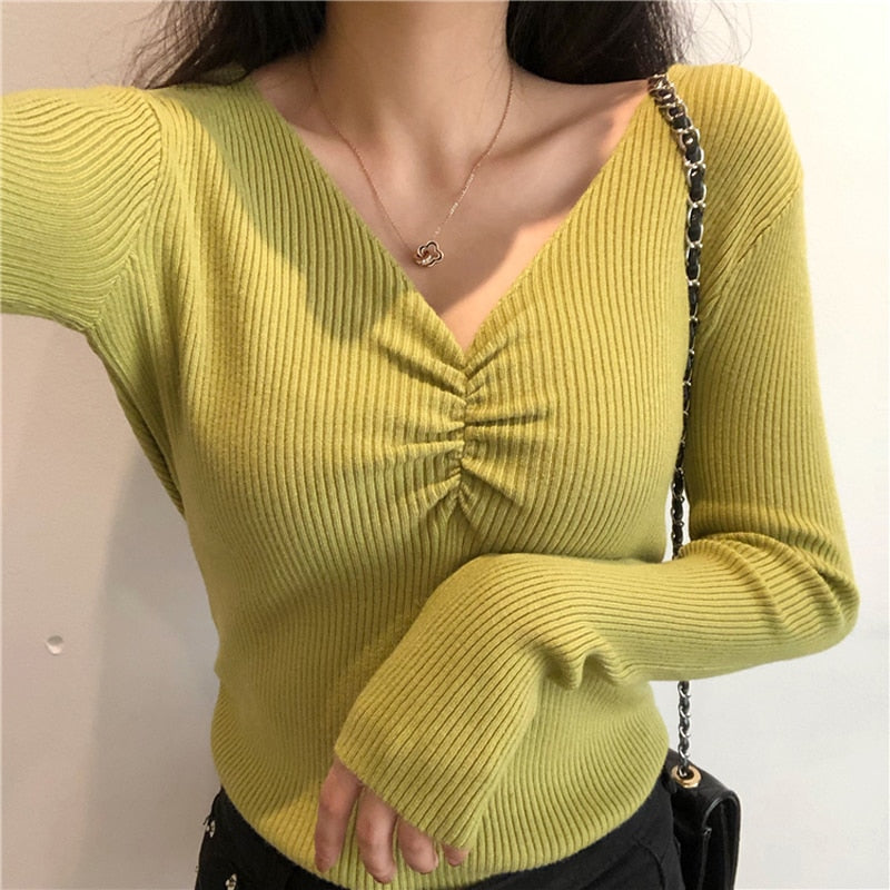 V Neck Women Sweater Autumn Knitted Pullover Jumper