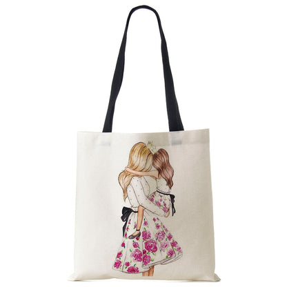 Cute Cartoon Super Mama Print Linen Tote Bag Reusable Shoulder Bags Mom