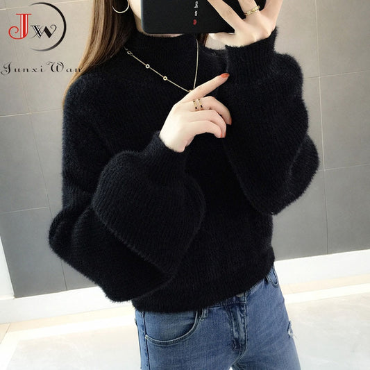 Thick Mohair Women Sweaters Turtleneck Soft Lantern Sleeve Short Pullovers