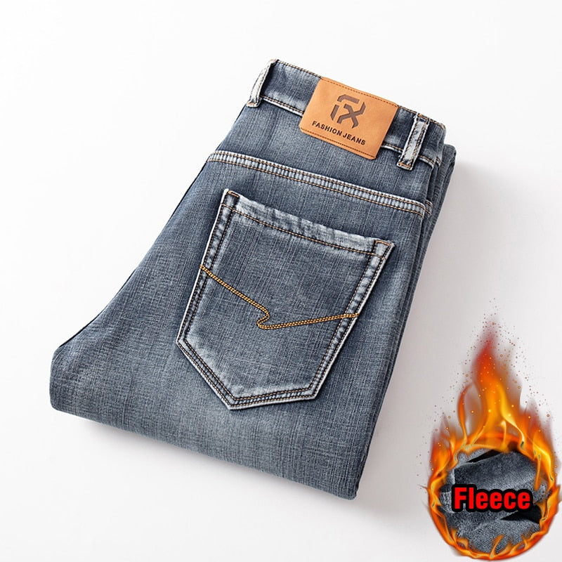 Men Fleece Warm Jeans Classic Style Business Casual Regular Fit Thicken Stretch