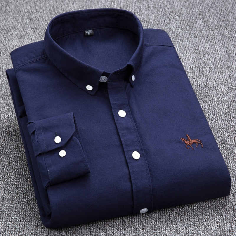 Cotton Oxford Shirt Men's Long Sleeve Embroidered Horse Casual