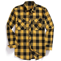 Men Casual Plaid Flannel Shirt Long-Sleeved Chest Two Pocket Design