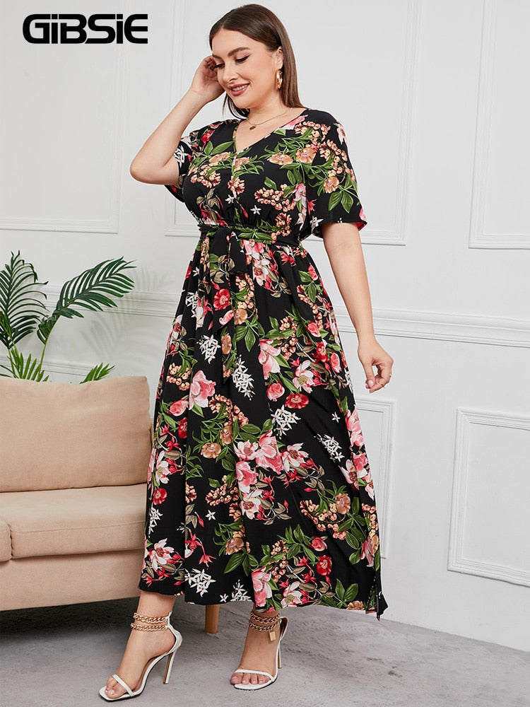 Plus Size V Neck Floral Print Boho Dress Women Summer Short Sleeve Maxi Dresses