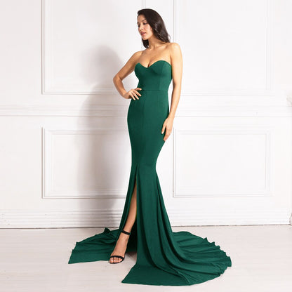 Sexy Strapless Long Black Maxi Dress Front Slit Bare Shoulder