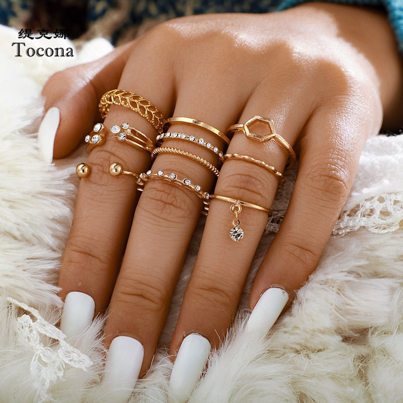 Tocona 8pcs/sets Hollow Out Rings for Women Men Charms Clear Crystal