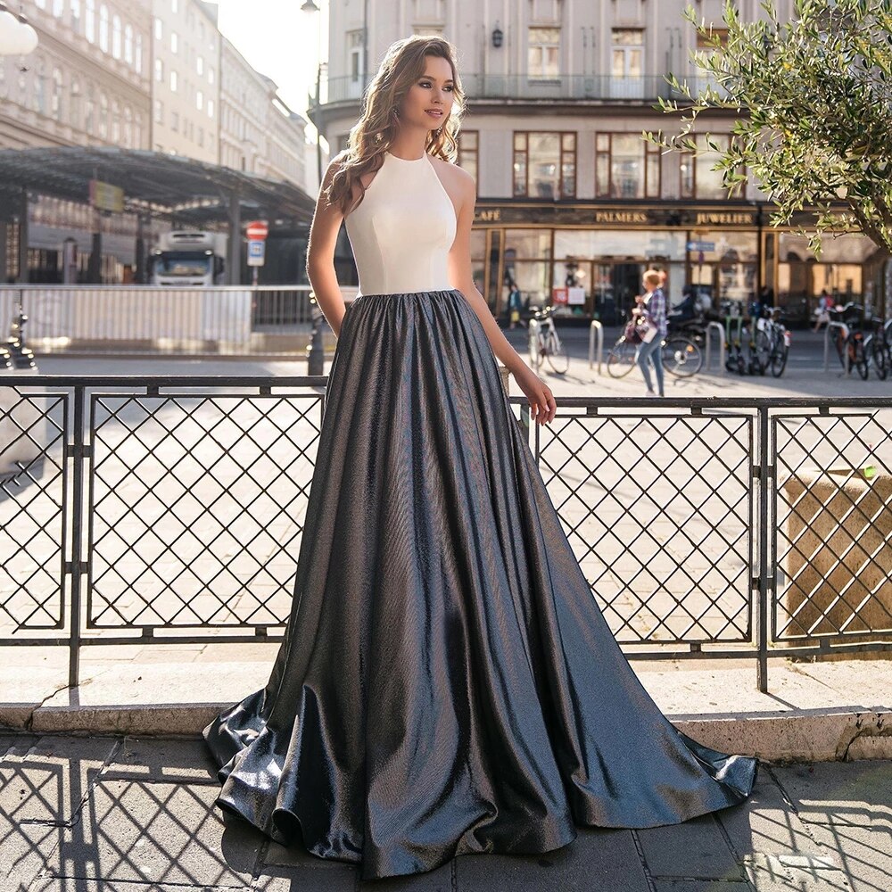 Evening wear Dresses: A-Line Evening Dress Halter Neck Sleeveless Evening Gown