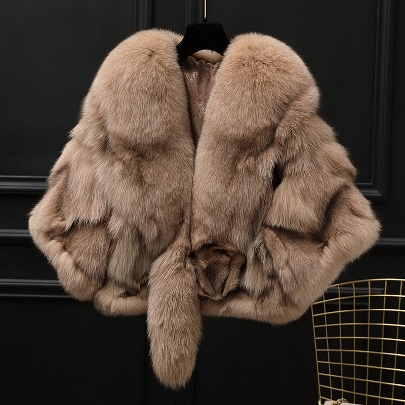 Winter Cloak Warm  Women Cardigan big real Fox Fur Collar Cape Fashion Solid