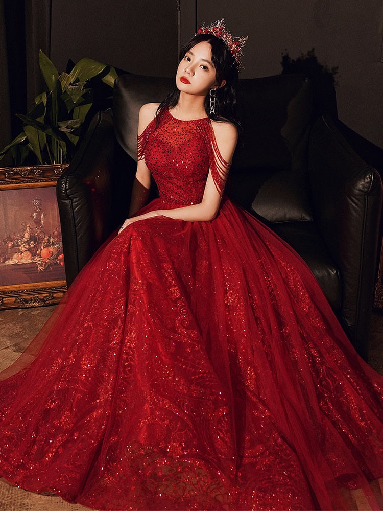 Evening wear Dresses: Sequins Evening Dress Banquet Elegant Halter Red