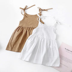 Summer Girls Clothes Dresses Pure Color Cotton Linen Sleeveless Lace-up Kids