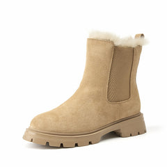 Chelsea Boots Women Leather Snow Boots Warm Fur Round