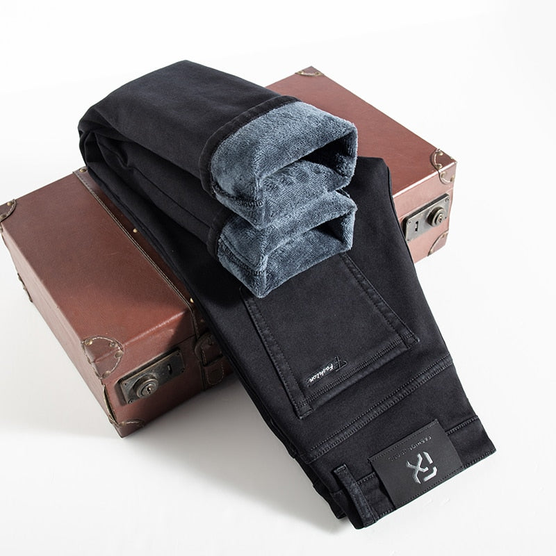 Men Fleece Warm Jeans Classic Style Business Casual Regular Fit Thicken Stretch