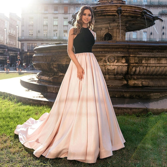 Evening wear Dresses: A-Line Evening Dress Halter Neck Sleeveless Evening Gown