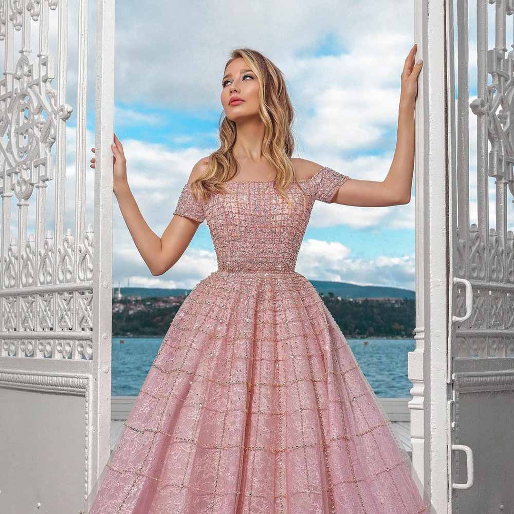 Evening wear Dresses: Evening Dresses Long Luxury Pink Lace Beaded Beading
