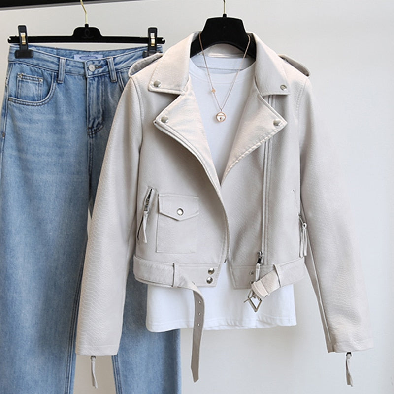 Spring Autumn Women Faux Leather Jacket Slim Streetwear Khaki