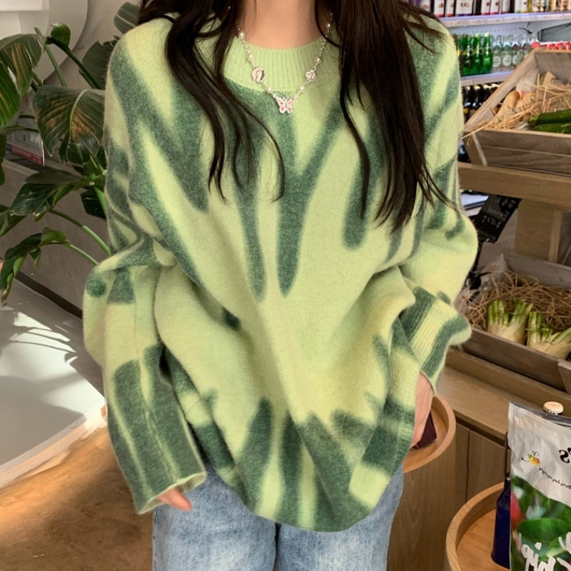 Print Knitted Sweater Women Elegant Green Striped Oversized Pullovers Women